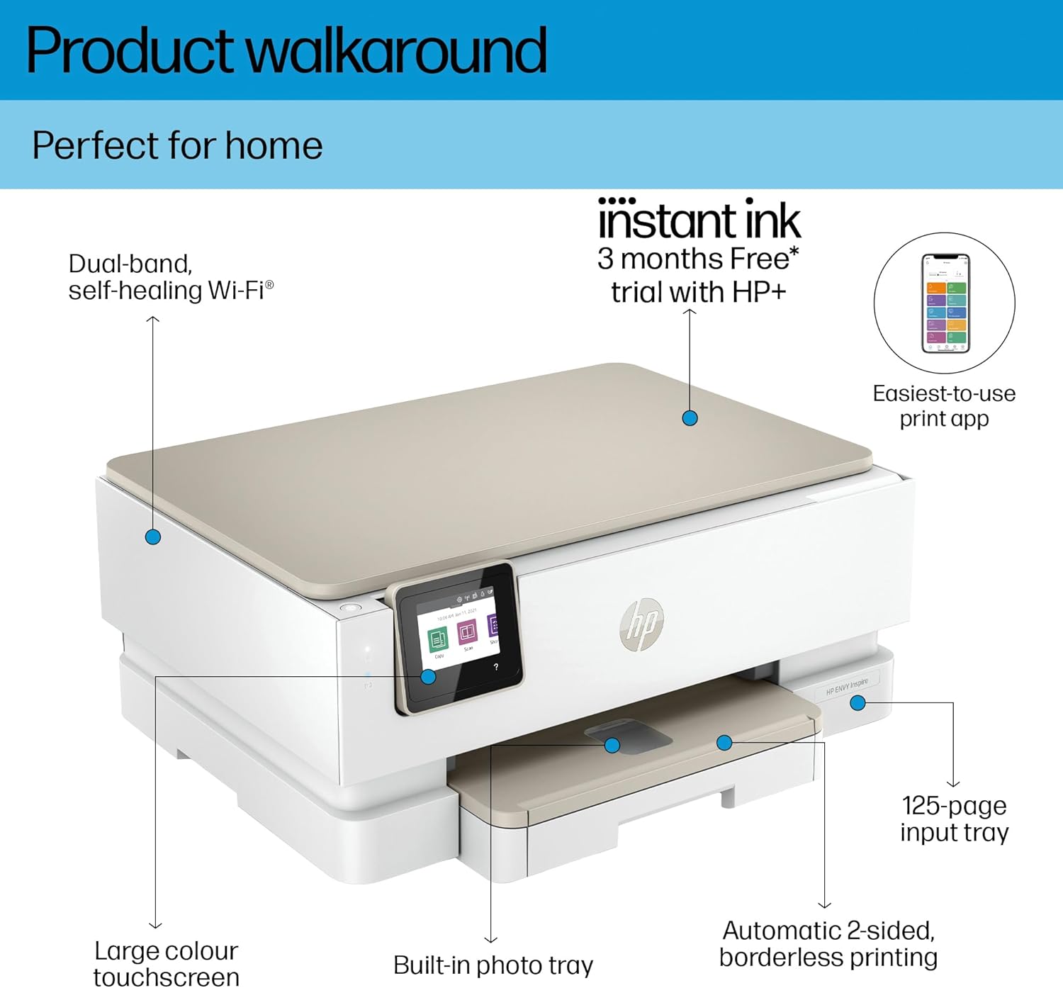 HP ENVY Inspire 7220e All-in-One Wireless Colour Printer | 5 months free Instant Ink limited time only | White | 2-sided printing | Touchscreen | Self-healing Wi-Fi