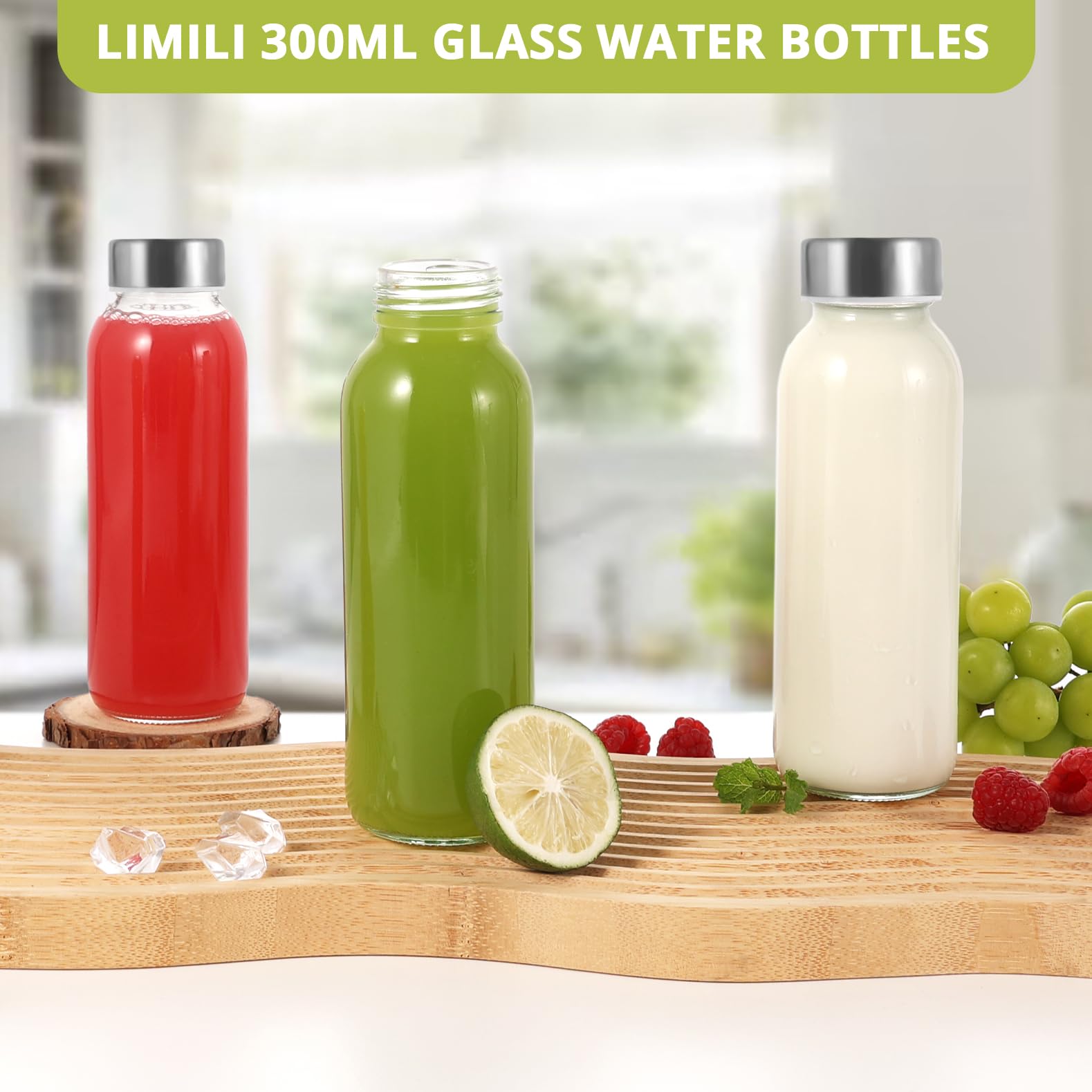 LIMILI Glass Bottles With Stainless Steel Lids, 300/350/750/1000ML Water Bottles, Leak Proof Reusable Drinking Bottles for Hot Cold Drinks, Work, Gym, Home