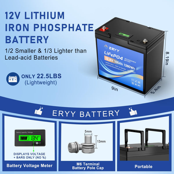 LiFePO4 Lithium Battery 12V 30Ah, Built-in 30A BMS & LCD Voltmeter, 5000+ Cycles, Lightweight Rechargeable Leisure Lithium Iron Phosphate Battery for RVs, Camping Gear, Trolling Motor, Solar