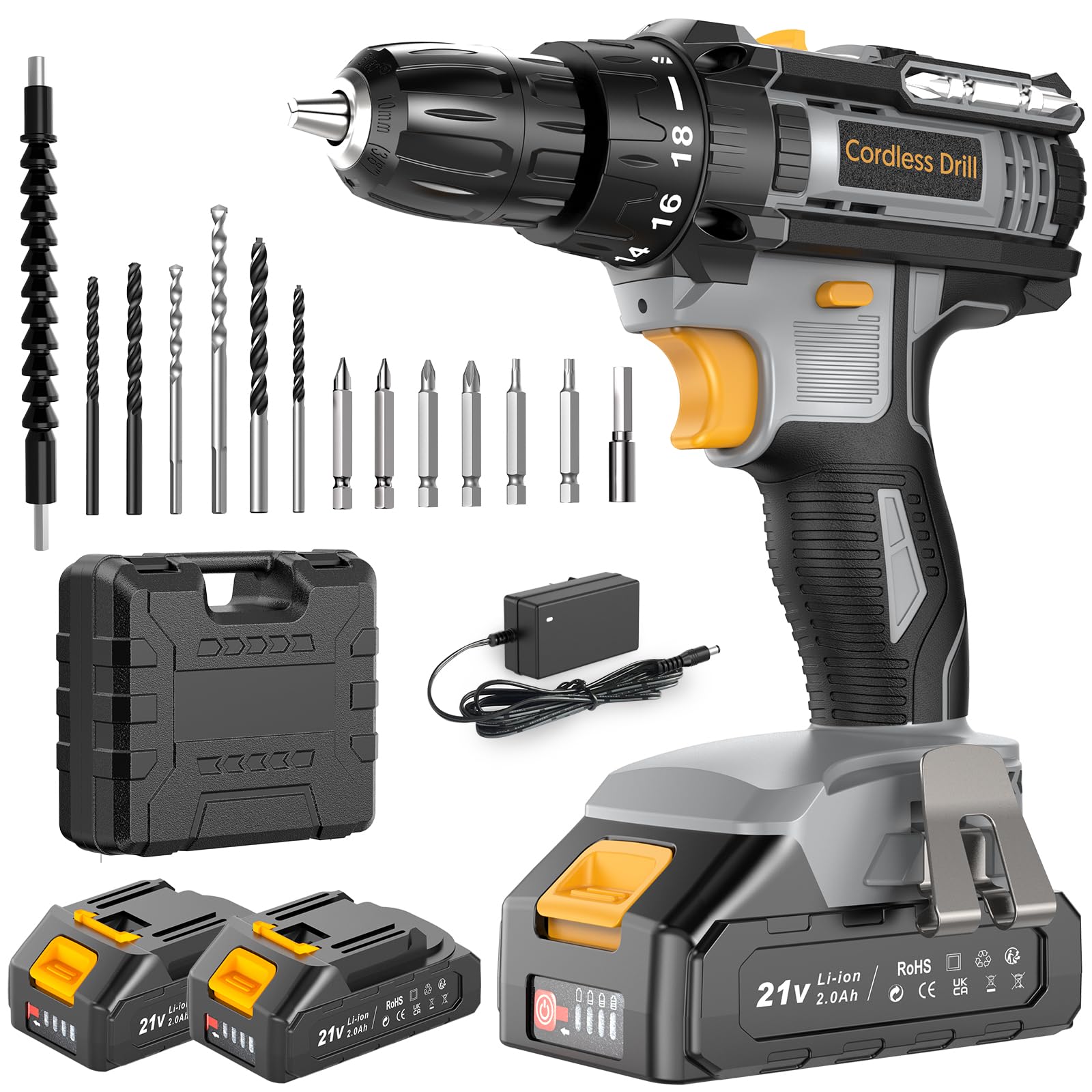 LEEIKOO Cordless Drill, 21V Electric Drill 42N.m with 2.0Ah Battery, Combi Set 10mm Chuck, 2 Speeds, 18+1 Torque, LED Light, 20pcs Drill Set for Garden DIY Project, Grey