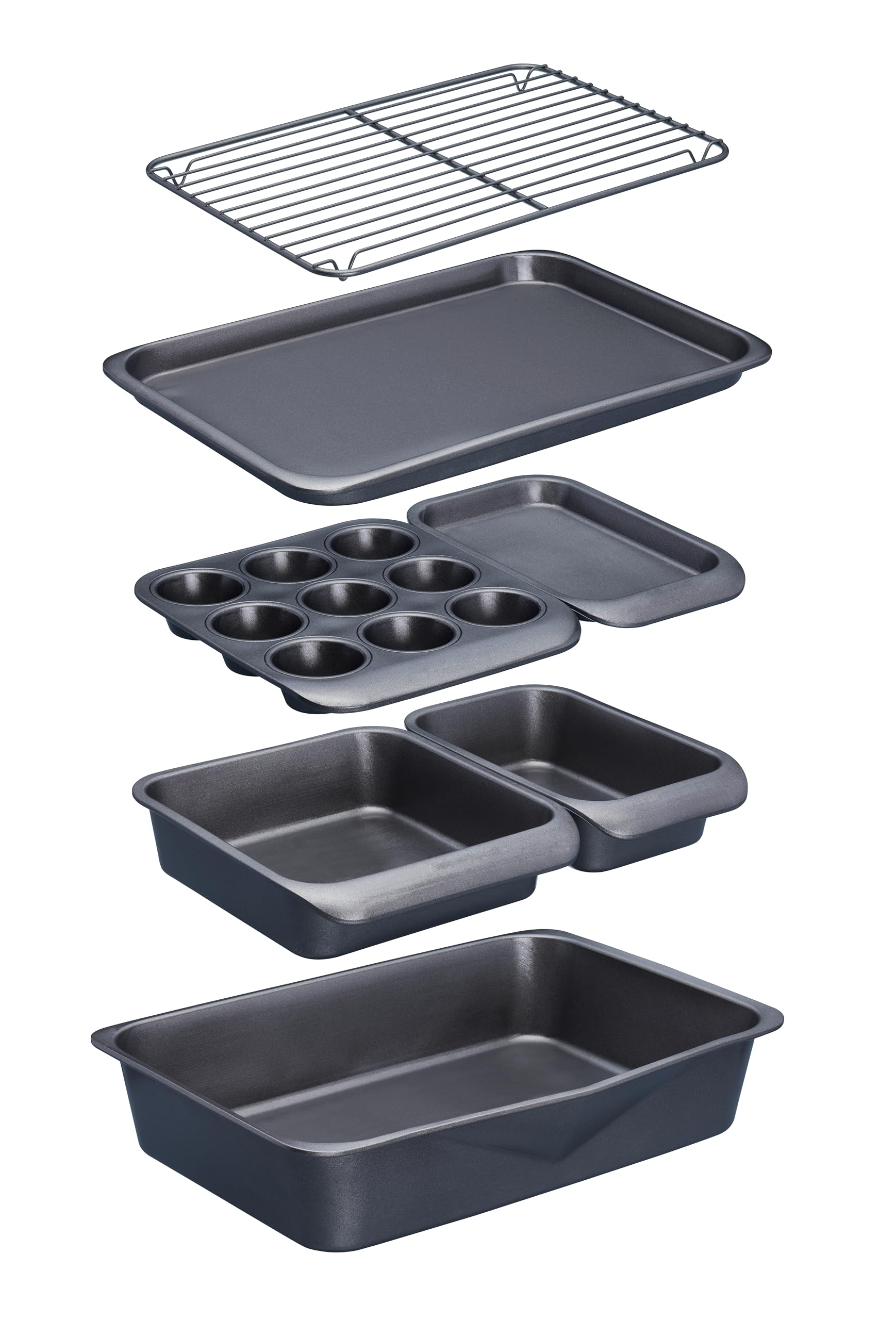 MasterClass Smart Space Stacking PTFE, PFOA and BPA Free Non-Stick Bakeware Set, 7 Piece Baking Trays, Gift Boxed, Grey