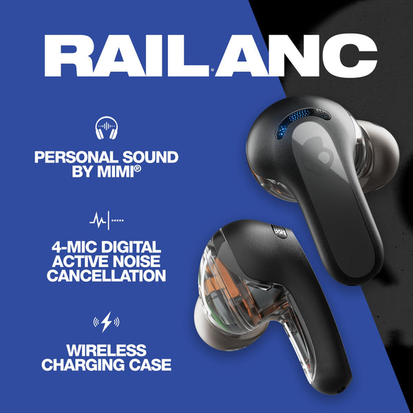 Skullcandy Rail Wireless Earbuds, Bluetooth Headphones, Noise Isolating Fit, Up to 42 Hours Battery, IP55 Sweat and Water Resistant, Microphone for iPhone Android - True Black