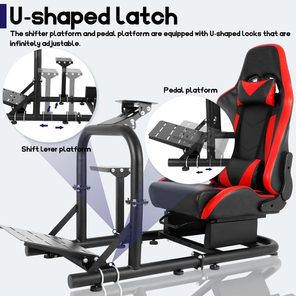Minneer Flight Racing Simulator Cockpit with Gaming Seat(Red) for Logitech Thrustmaster Fanatec G29 G920 G923 Racing wheel, Enhanced Round Tube Steering Wheel Stand Not Included Wheel Pedal Handbrake