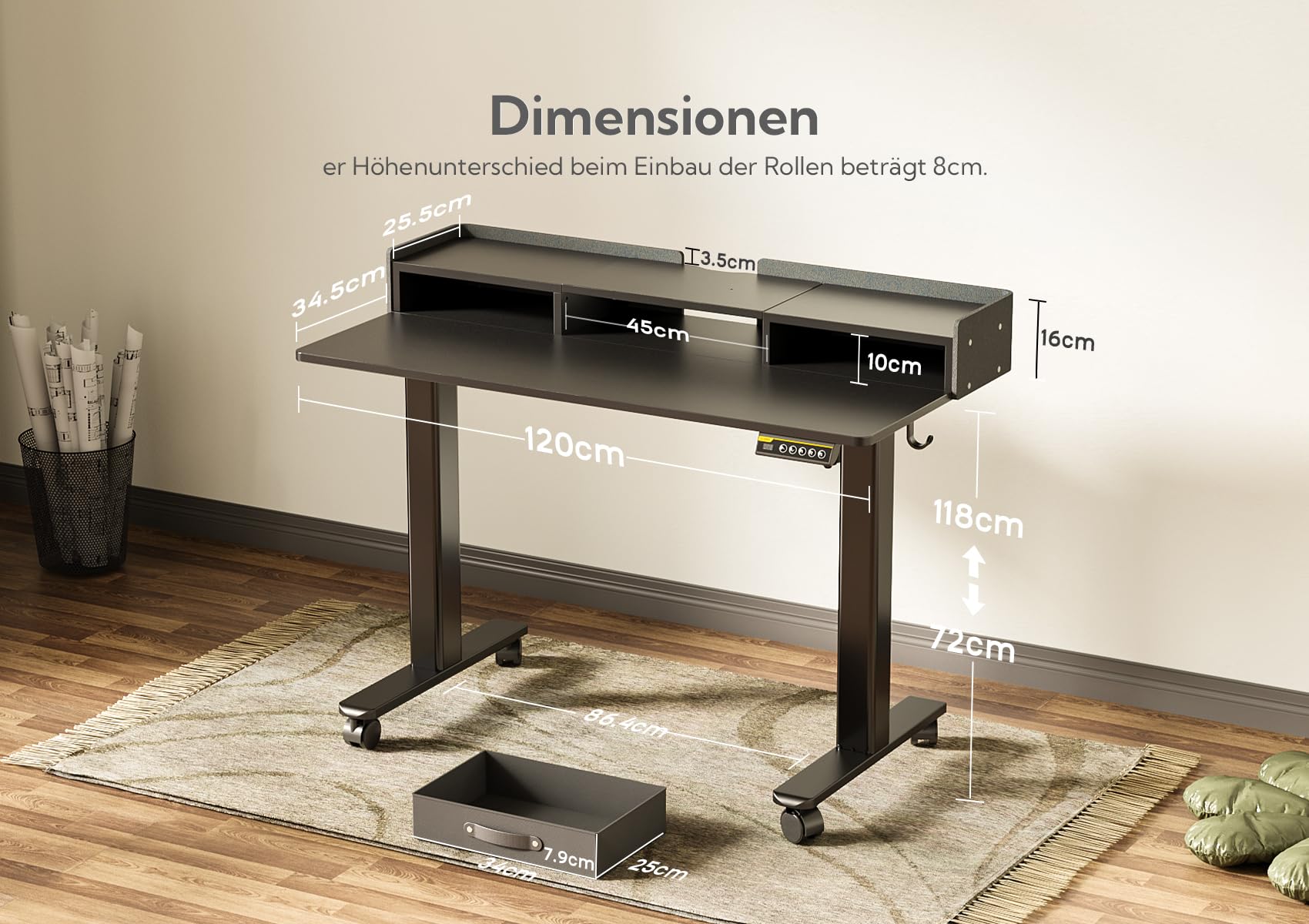 Claiks Electric Standing Desk with Drawers, 120x60cm Height Adjustable Desk with Storage Shelf and Splice Board, Stand Up Desk for Home Office, White Frame/Maple Top