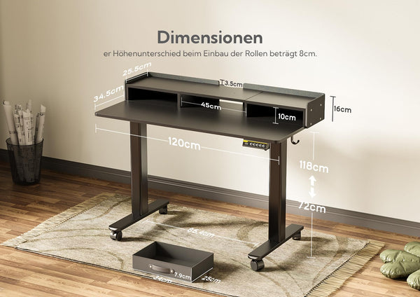 Claiks Electric Standing Desk with Drawers, 120x60cm Height Adjustable Desk with Storage Shelf and Splice Board, Stand Up Desk for Home Office, White Frame/Maple Top