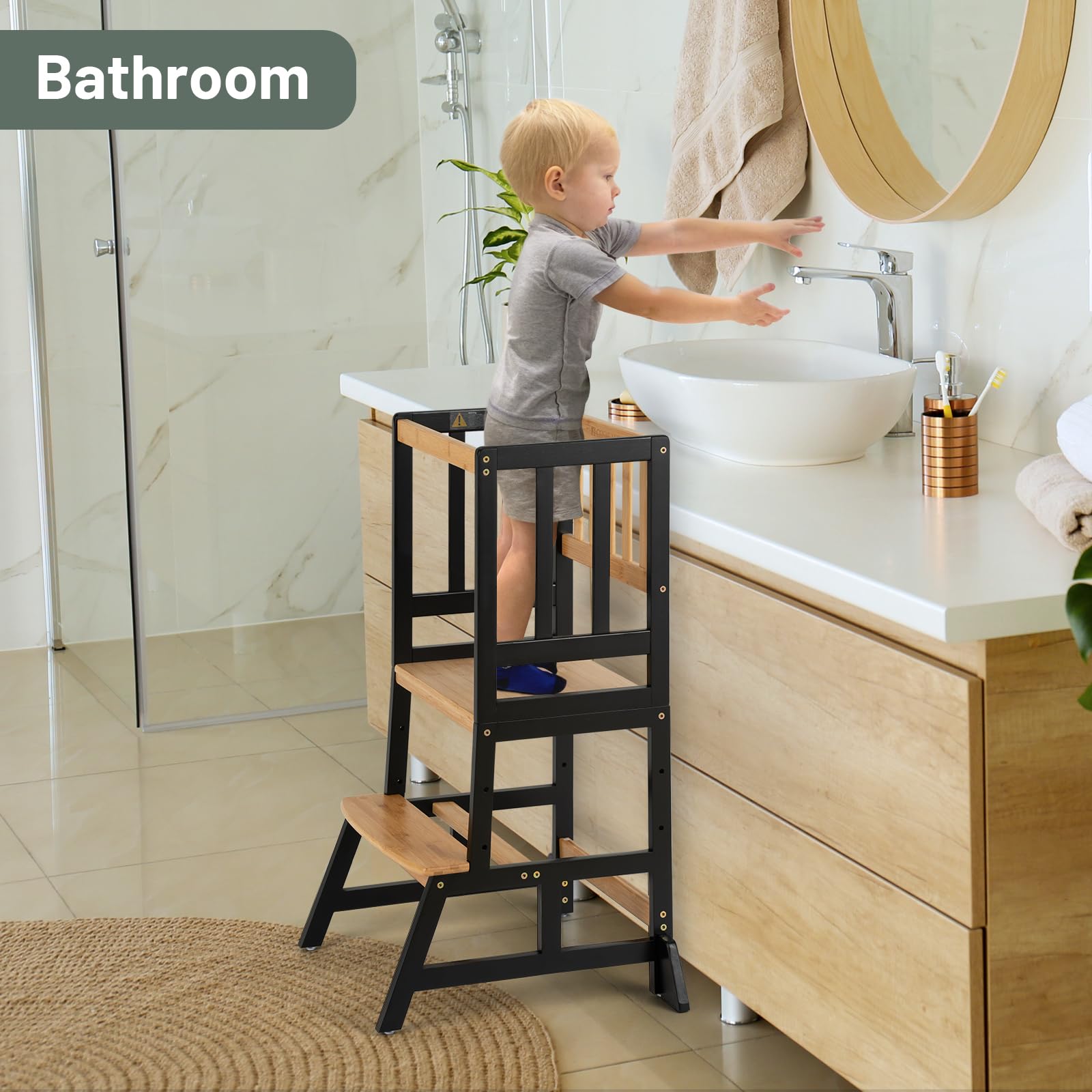 COSYLAND Height Adjustable Kids Kitchen Step Stool with Anti-tip Support Corners - Kids Standing Tower for Kitchen Counter, Bathroom, Nursery (Black)