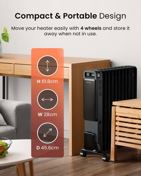Pro Breeze Smart 2500W 11 Fin Oil Filled Radiator with Digital Display and WiFi Smart App, Thermostat, 24Hr Timer, 3 Heat Modes, Child Lock, Overheat & Tip-Over Protection Oil heater for Home - Black