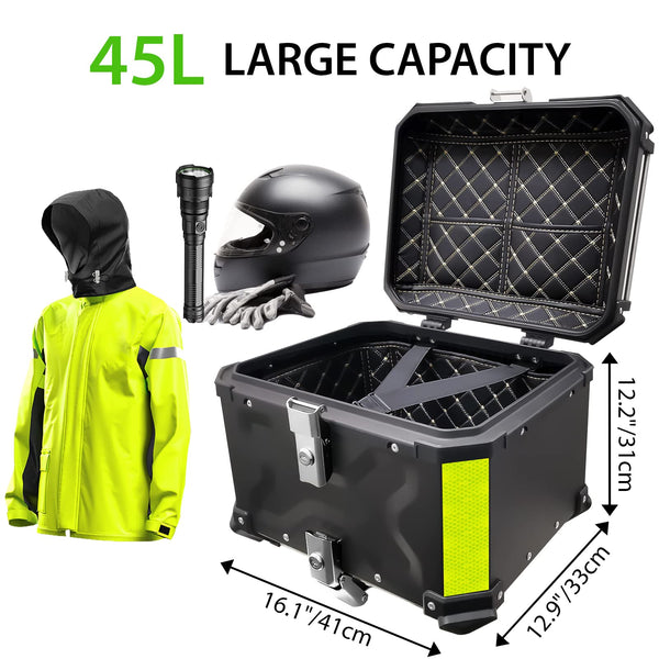 VOKKA Motorcycle Top Box, 65L Aluminium Alloy Waterproof Dustproof and Anti-Theft, Luggage Box for Storage Helmet, Motorbike Top Case with Backrest and Baseplate (Silver)