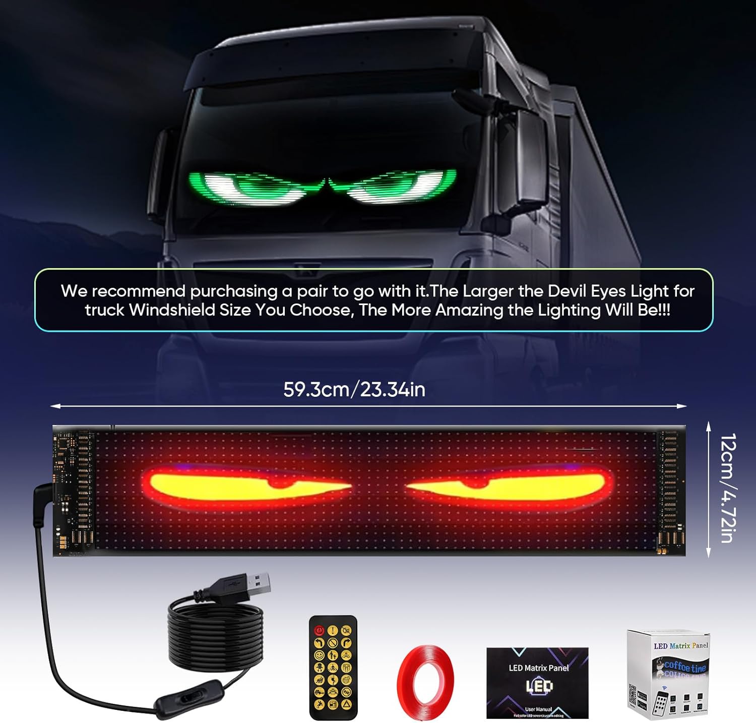 Gxpjycfob Devil Eyes Light for Trucks, Devil Eyes Light for Cars, LED Eyes for Trucks and Cars, Soft Screen for Car Windows, USB 5V Flexible LED Display, Dynamic LED Colourful Eye Lamp, 23.4" x 4.7"