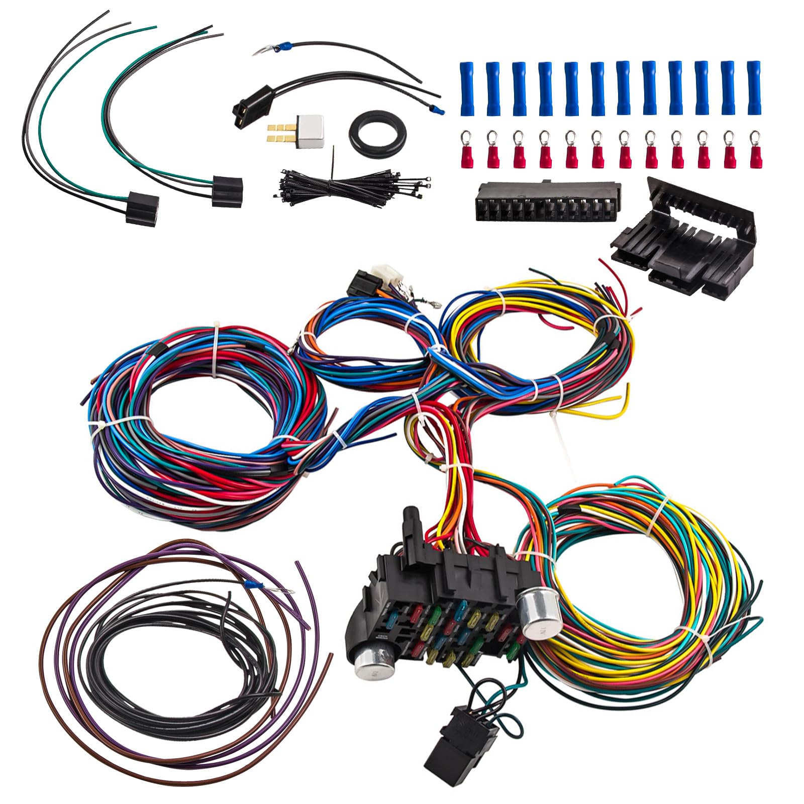maXpeedingrods Wiring Harness, Universal 21 Circuit 17 Fuses Wiring Kit, Standard Color Long Wire Harness Set for Car Truck RV Motor