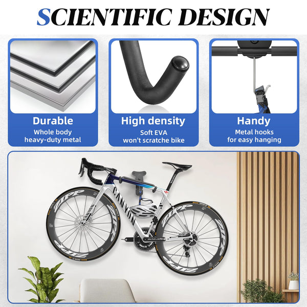 Bike Wall Mount, Bicycle Holder, Foldable Bike Rack, Adjustable Distance, with Helmet Hook, Bike Storage Rack for Garage and Indoor