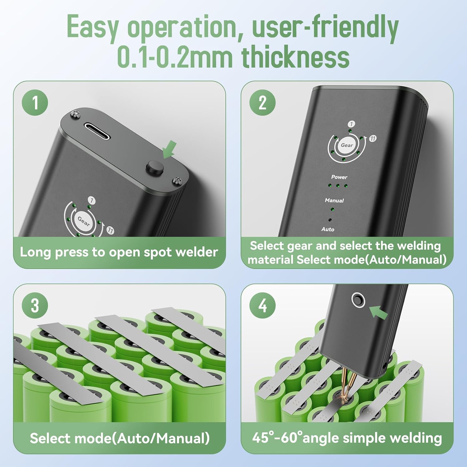 Awgem Compact Handheld Spot Welder, Auto/Manual Mode with 11 Gears for Mobile Phone & Bluetooth Battery 18650 Battery Welding, Aluminum Alloy Shell Battery Spot Welder