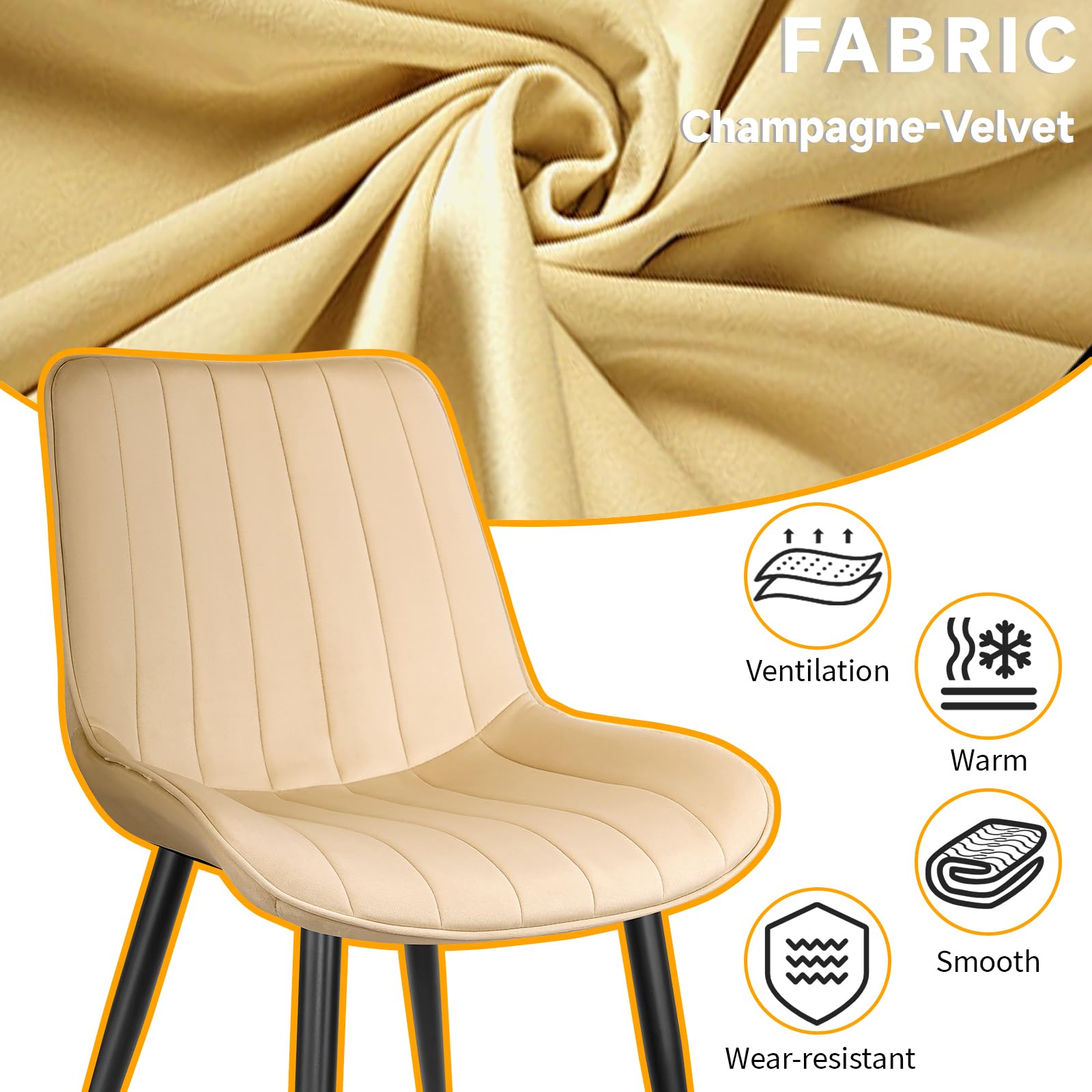 LONGTOO Set of 6 Dining Chairs with Velvet Upholstered Seat & Backrest,Stable Metal Legs,Modern Stripe Design,Champagne