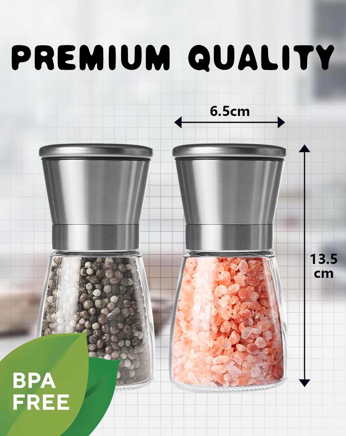 Salt and Pepper Grinder Set, Adjustable Coarseness Salt Shakers, Premium Ceramic Glass Body Salt and Pepper Mills [Without Spice Content]