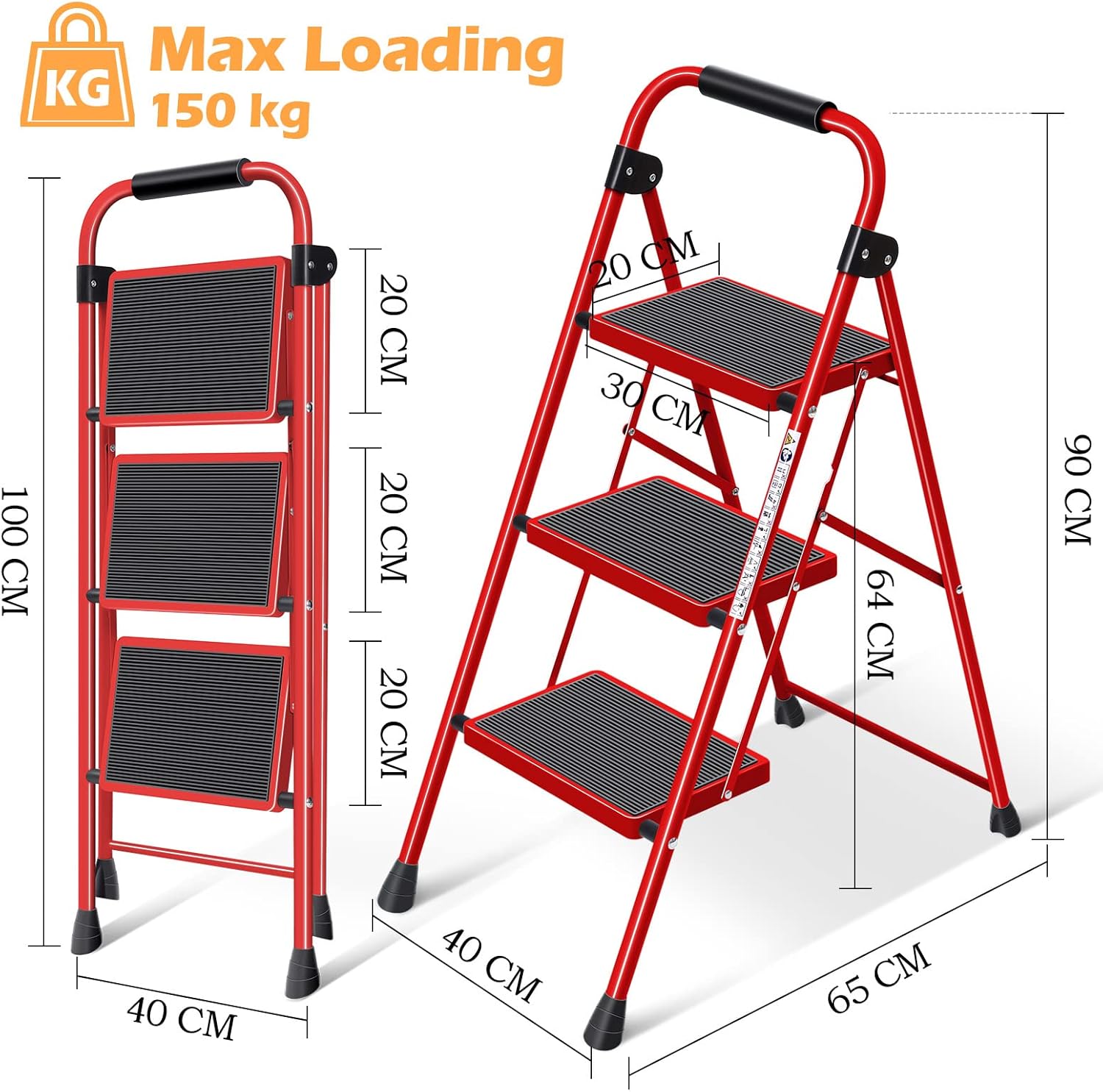 KINGRACK Folding 3-Step Ladder with Non-Slip Pedals, Sturdy Steel, Lightweight & Portable, Red