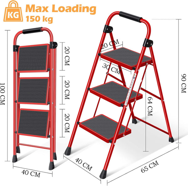 KINGRACK Folding 3-Step Ladder with Non-Slip Pedals, Sturdy Steel, Lightweight & Portable, Red