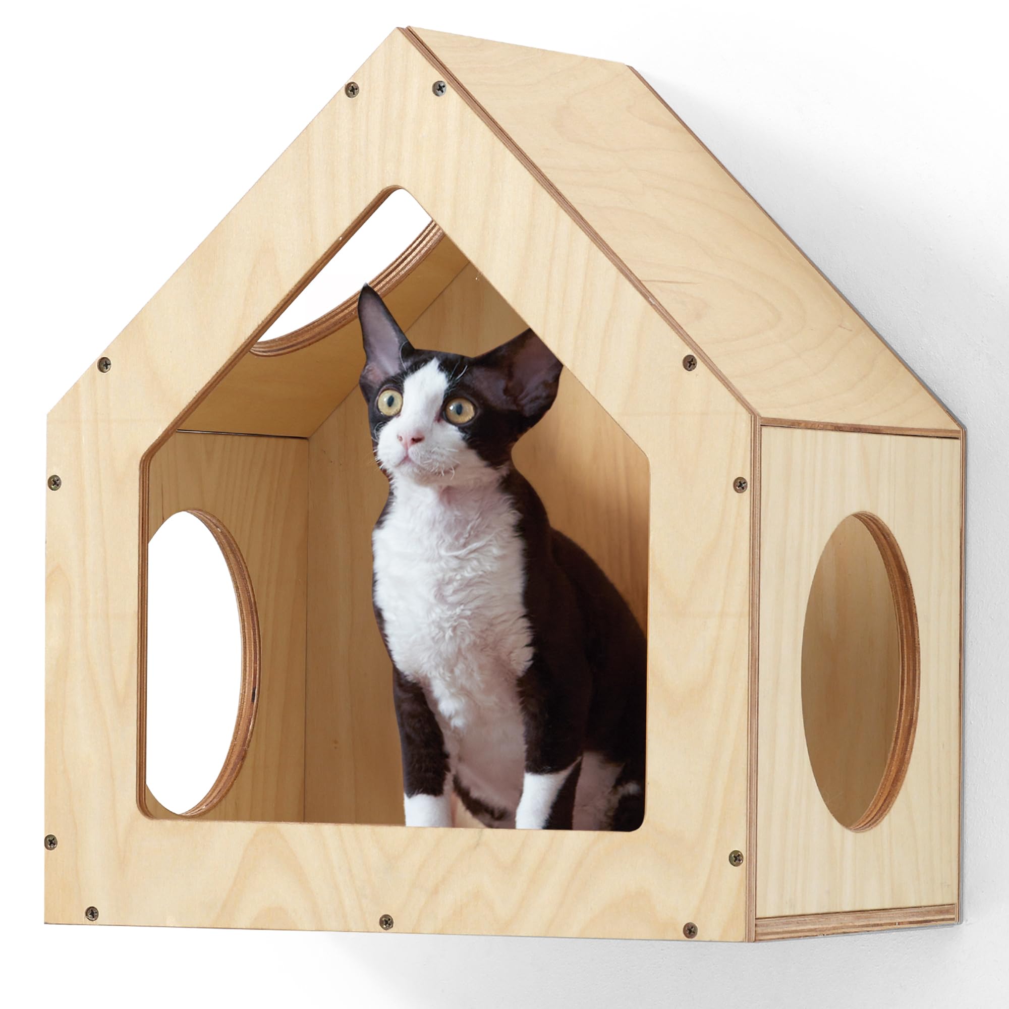 FUKUMARU Cat House Wall Mounted, 15.5x11.8x18 Inches Birch Plywood Condo, Multi-Use Kitten Furniture, Stylish Design, DIY Cats Wall Jungle