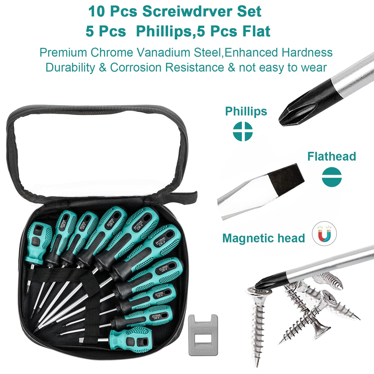 Screwdriver Set 10pcs, Magnetic Screwdriver Set 5pcs Phillips Screwdrivers and 5pcs Slotted/Flat Head Screwdrivers, Chrome Vanadium Steel Made