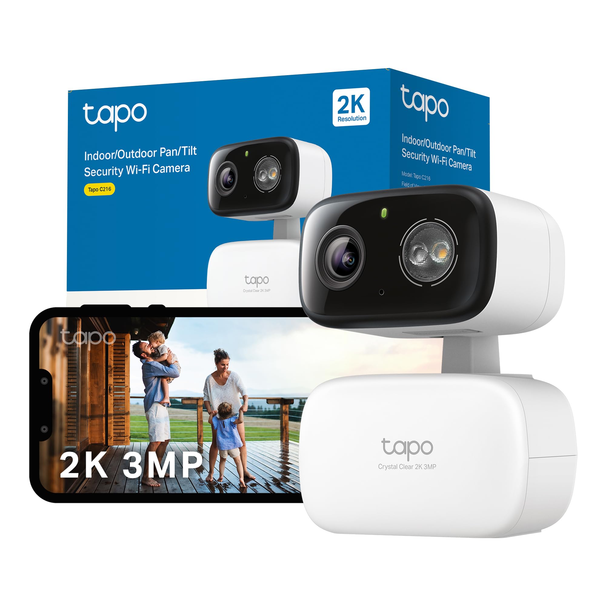 Tapo C216 2K 3MP Indoor&Outdoor Smart Home Security Camera, Color Night Vision with Spotlights, AI detection Security Camera Outdoor Wireless, 360º Pan&Tilt View, IP65 Weatherproof, Compact Design