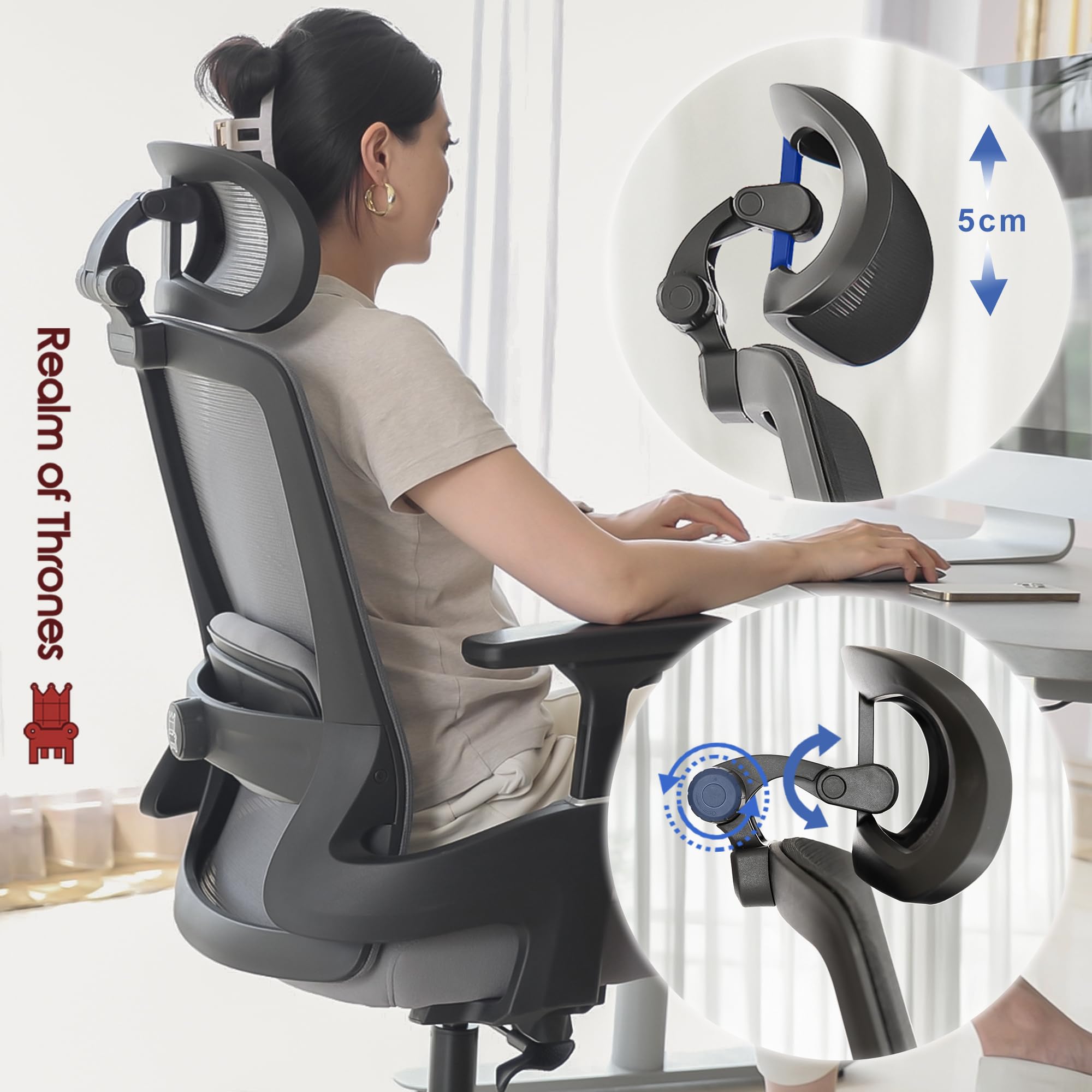 Realm of Thrones CAPTAIN Ergonomic Office Chair for Home, Heavy Duty Steel Base, Versatile Flip-up Armrests, Adjustable Lumbar Support, Mesh Back Comfort Cushion Seat for Computer Desk/Gaming (Black)