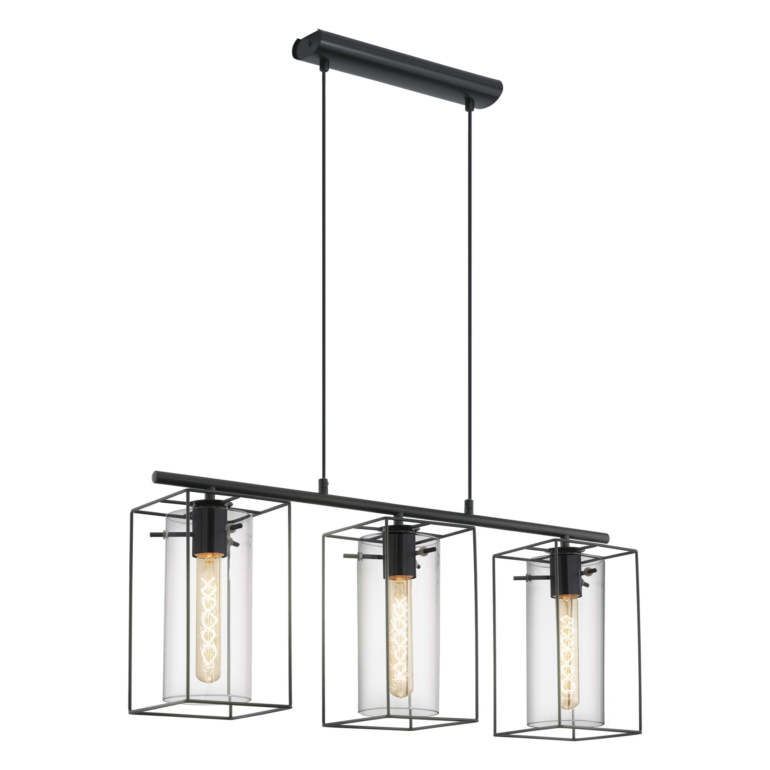 Eglo Loncino Pendant lamp, 3-Flame Vintage Pendant lamp, Hanging lamp Made of Steel, Colour: Black, Glass: Tinted Glass, Socket: E27, L: 74.5 cm/29.3