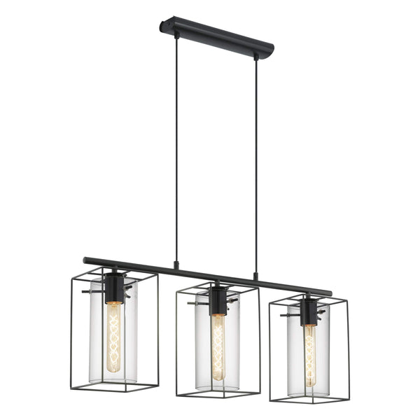 Eglo Loncino Pendant lamp, 3-Flame Vintage Pendant lamp, Hanging lamp Made of Steel, Colour: Black, Glass: Tinted Glass, Socket: E27, L: 74.5 cm/29.3