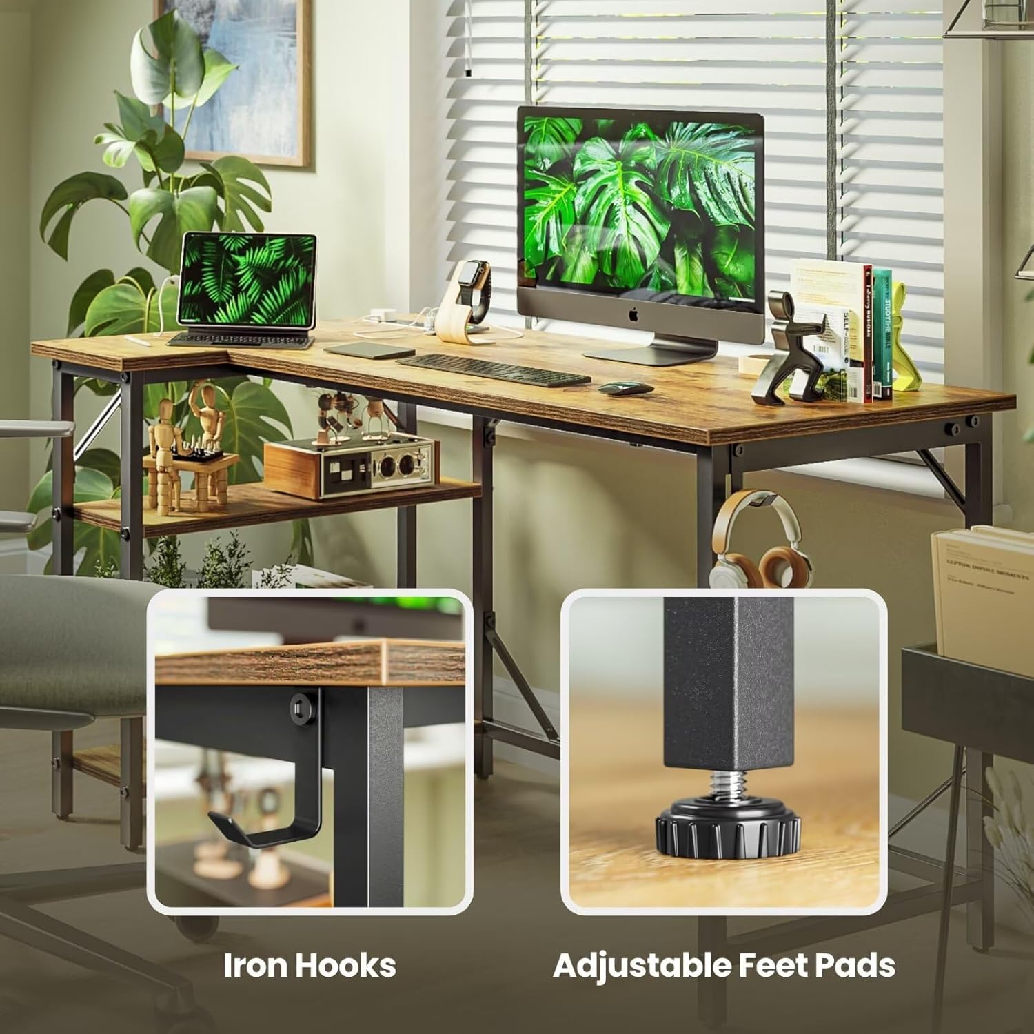 DOMSHOCT L Shaped Gaming Desk with Power Outlets, 140x70cm Corner Computer Desk with Large Reversible Shelves, Home Office Desk with Hooks for Writing