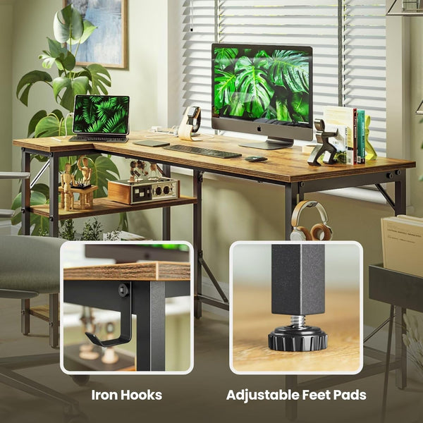 DOMSHOCT L Shaped Gaming Desk with Power Outlets, 140x70cm Corner Computer Desk with Large Reversible Shelves, Home Office Desk with Hooks for Writing