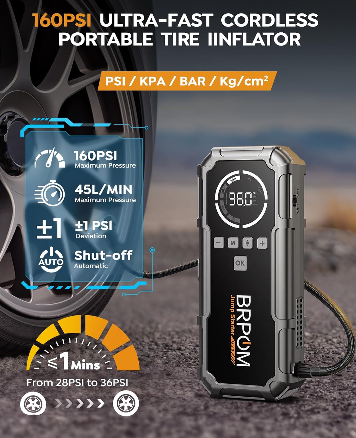 Jump Starter Power Pack with Air Compressor, BRPOM 8000A Portable Jump Starter 160PSI(All Petrol/12L Diesel), 12V Car Jumper Power Bank with Jump Clamps, LCD Screen, Emergency Light