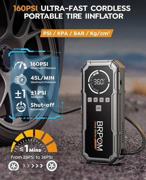 Jump Starter Power Pack with Air Compressor, BRPOM 8000A Portable Jump Starter 160PSI(All Petrol/12L Diesel), 12V Car Jumper Power Bank with Jump Clamps, LCD Screen, Emergency Light