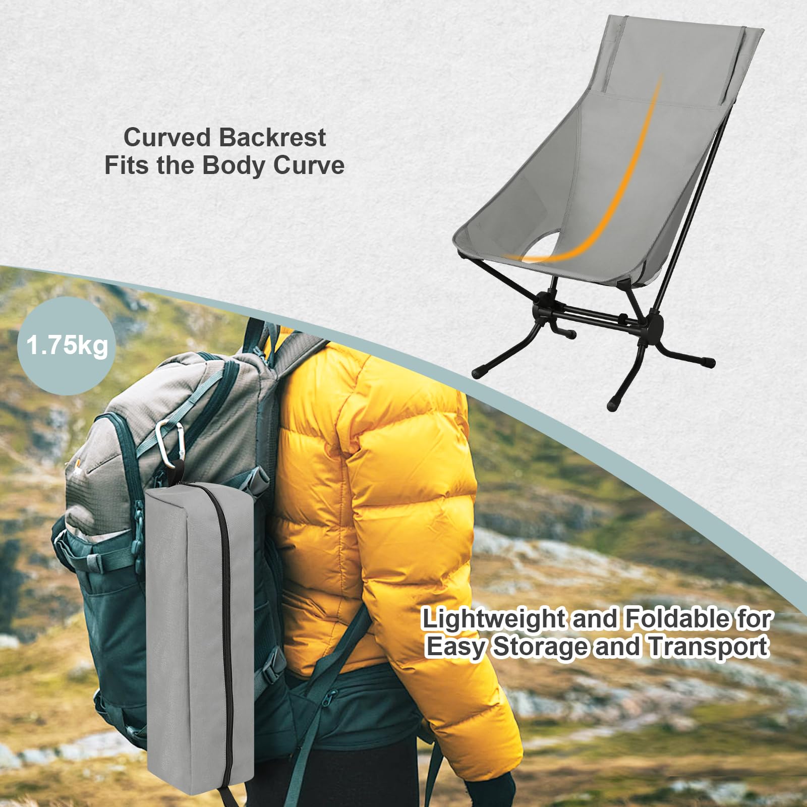 WOLTU Folding Camping Chair, Ultra Lightweight Alu Outdoor Chair, High Back, Portable Chair with Carrying Bag for Fishing, Picnic, Hiking, Heavy Duty 150kg Capacity, Black