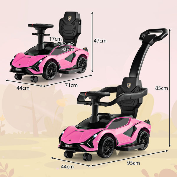 GYMAX 3 in 1 Kids Ride on Push Car, Licensed Lamborghini Push Along Car with Handle, Guardrails, USB Port, Music & Lights, Underneath Storage, Toddler Sliding Toy for 18-60 Months Boys Girls (Black)