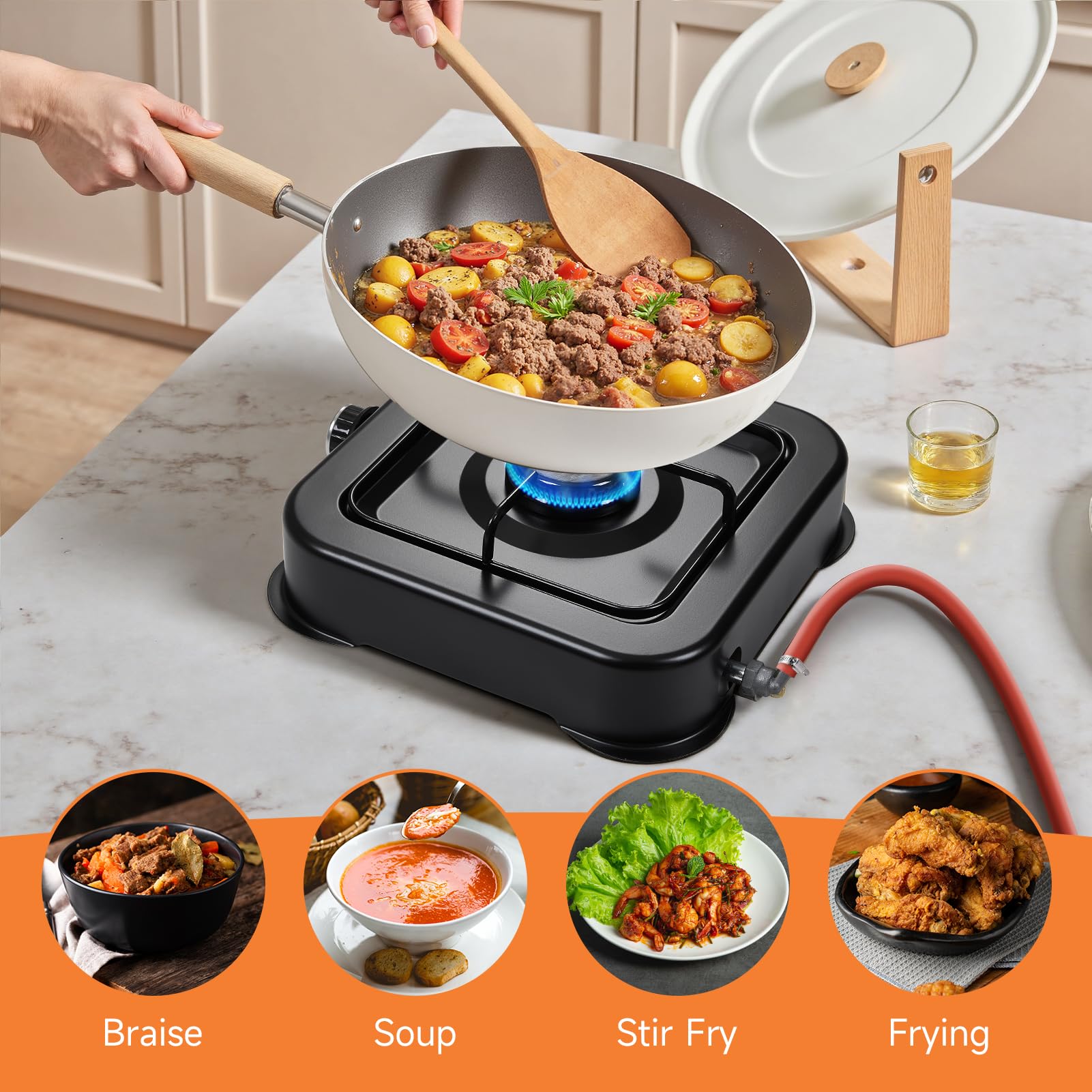 Warmiehomy Camping Gas Stove, Single Burner Portable Gas Stove, 2200W Gas Hob Cooker with Lid, Propane Camp Stoves for Camping, Garden, Travel, Outdoor Cooking