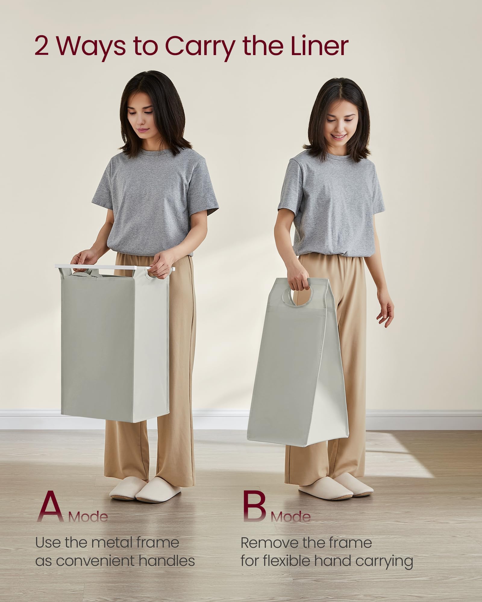 VASAGLE Laundry Basket, Laundry Hamper, Pull-Out and Removable Liner Bag, Shelf, Metal Frame, 65 L, 50 x 33 x 72 cm, Ink Black and Rustic Brown BLH101B01