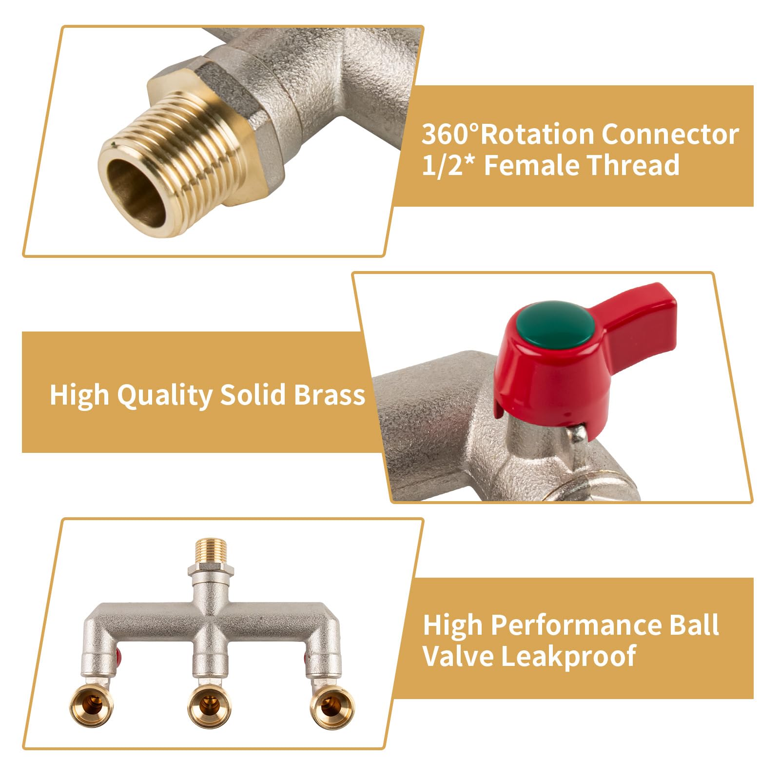 Tesmotor 1/2'' Inch Brass 3-Way Outdoor Water Tap, Garden Tap with Three 3/4" Outlet Tap and Individual On/Off, T Splitter Brass Hose Connector