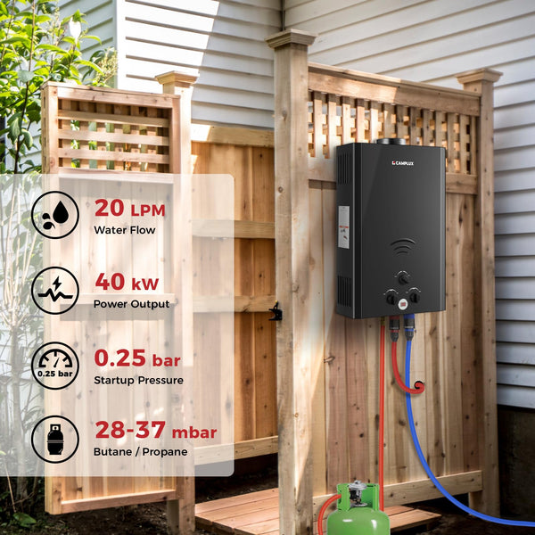 CAMPLUX Gas Water Heater 20 litres, Instant LPG Water Heater for Garden Shower, RV, Tiny House, ECO/Full Mode, BW Series BW528B