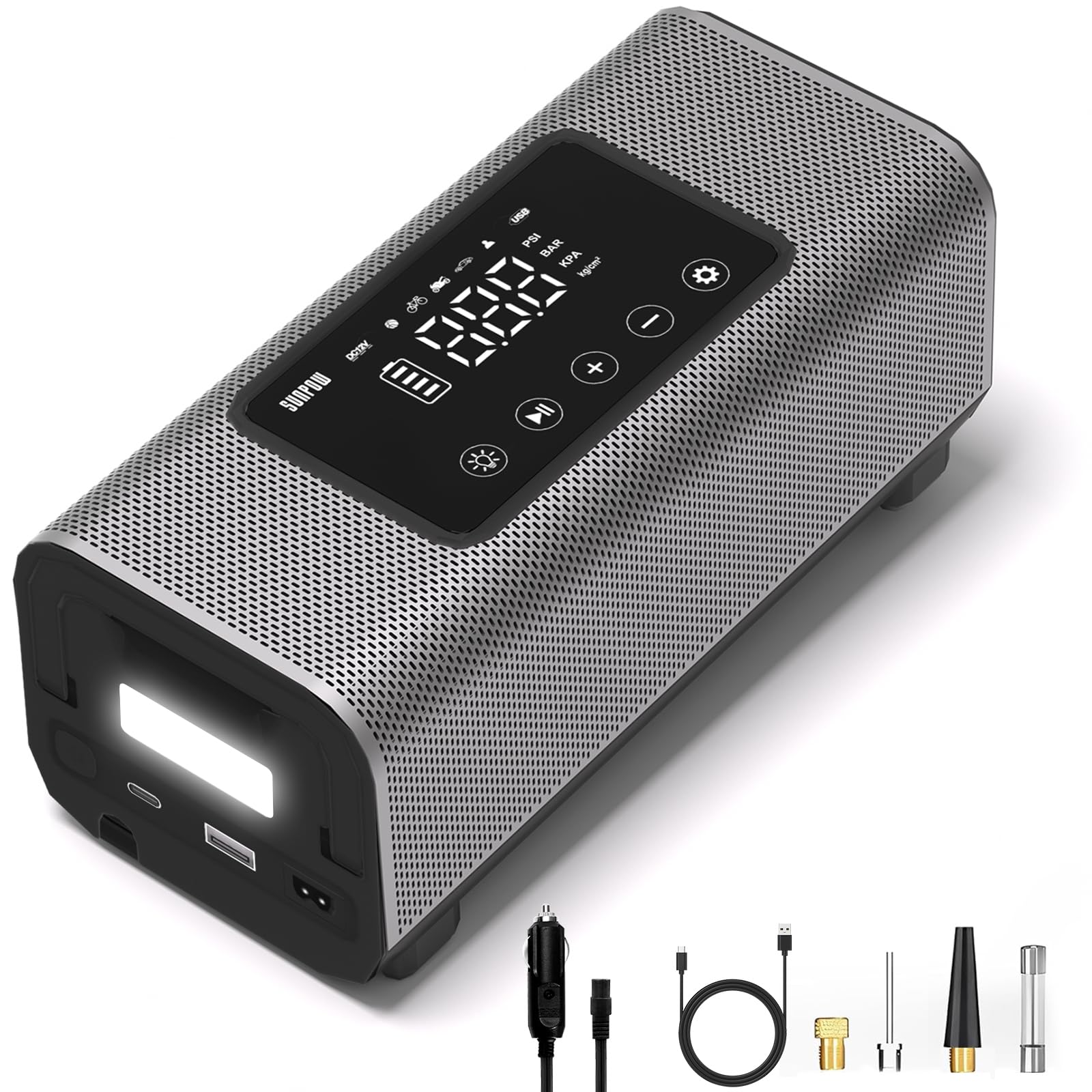 SUNPOW Electric Tyre Inflator Portable Air Compressor, 160psi Cordless Mini Air Compressor for Car Tires, Rechargeable 7500mah Battery, Auto-Shutoff Car Tyre Pump with LCD Dual Screen