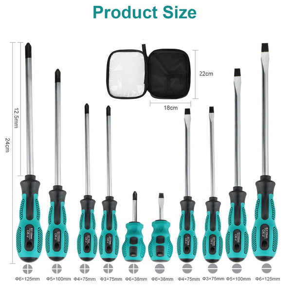 Screwdriver Set 10pcs, Magnetic Screwdriver Set 5pcs Phillips Screwdrivers and 5pcs Slotted/Flat Head Screwdrivers, Chrome Vanadium Steel Made