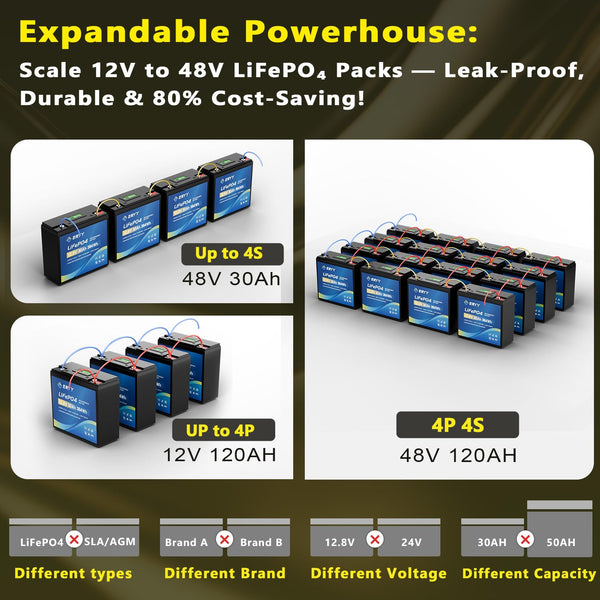 LiFePO4 Lithium Battery 12V 30Ah, Built-in 30A BMS & LCD Voltmeter, 5000+ Cycles, Lightweight Rechargeable Leisure Lithium Iron Phosphate Battery for RVs, Camping Gear, Trolling Motor, Solar