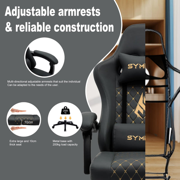 Symino Gaming Chair with Footrest, Computer Ergonomic Video Game Chair, Adjustable Swivel Task Chair with Lumbar Support, PC Chair, Office Chair PU Leather, Grey&White