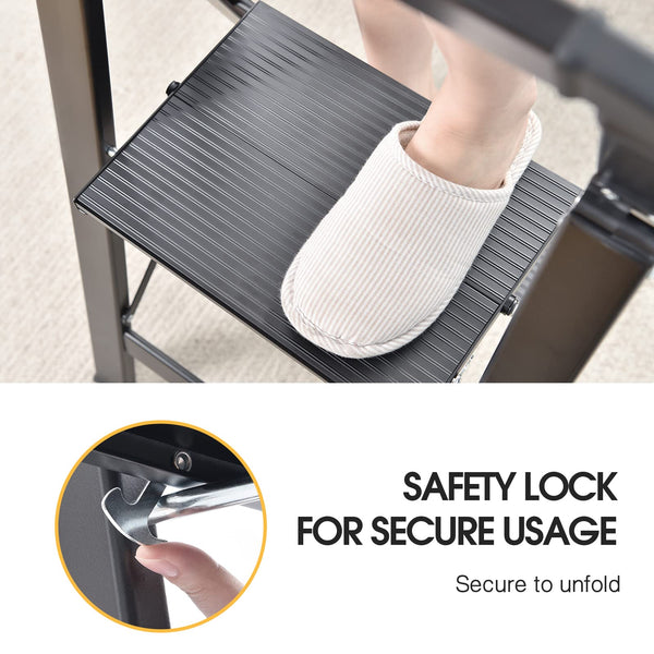 KINGRACK 2 Step Ladder with Handrail, Non-Slip Household Ladder with Folding Safety, Aluminium Folding Step Stool, Maximum Load 150 kg, Black