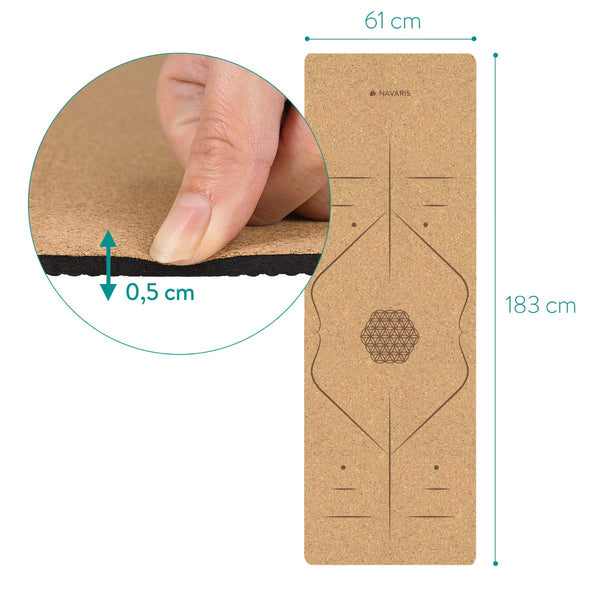Navaris Non Slip Cork Yoga Mat - Natural Eco Friendly Fitness Mat with Shoulder Strap - Non Toxic Exercise Mat for Pilates Hot Yoga Outdoor Sports