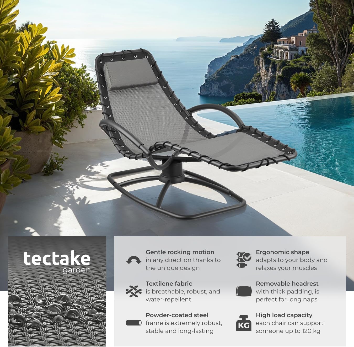 TecTake® Sun Lounger with Rocking Function, Ergonomic Garden Chair with Breathable Fabric, Thick Head Cushion, Curved Armrests & Sturdy Steel Frame, Outdoor Chair for Garden, Patio, Balcony - Grey