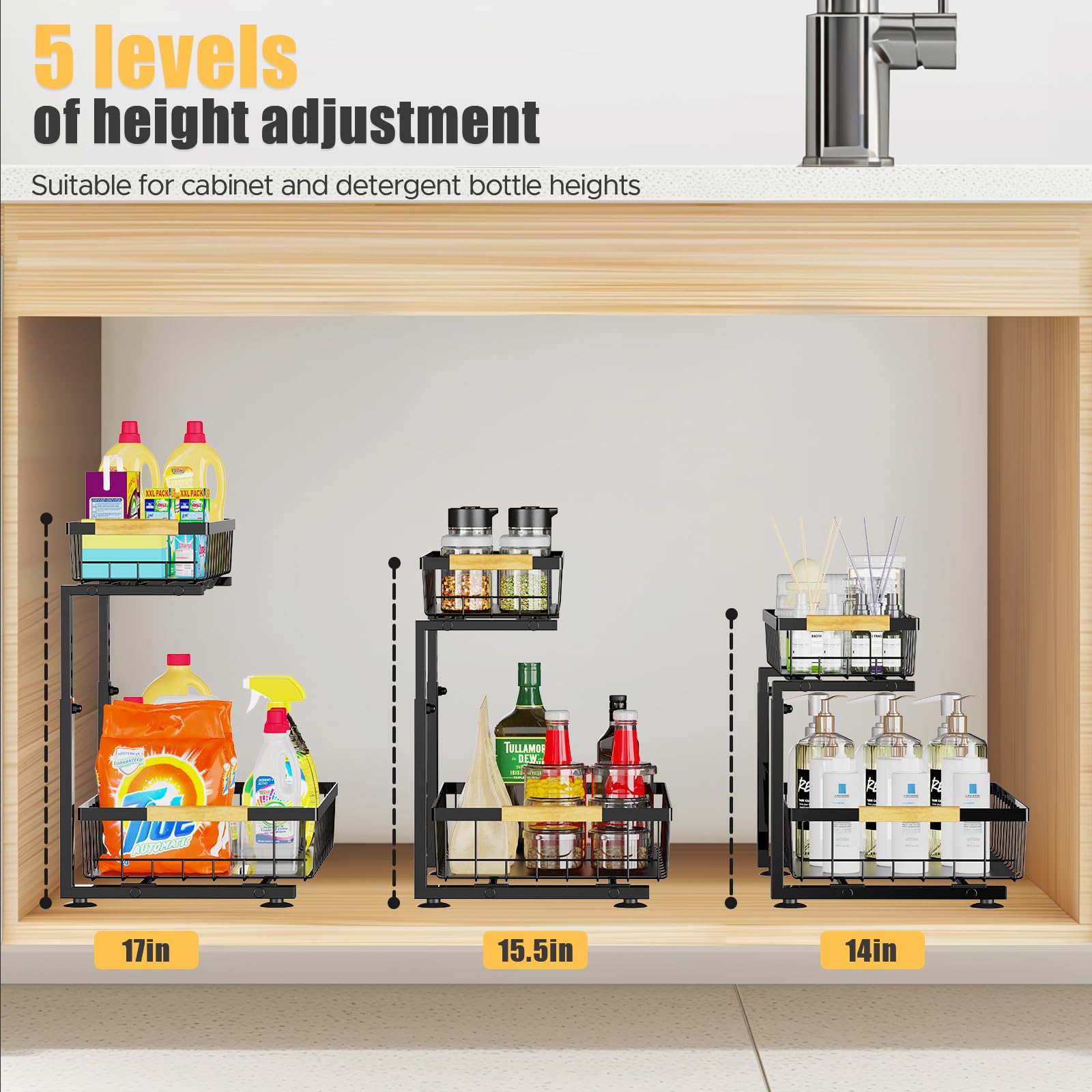 homicozy 2 Pack Under Sink Storage, 2 Tier Metal Under Sink Cabinet Organiser with 8 Hooks & 2 Cups, Height Adjustable Kitchen Storage &