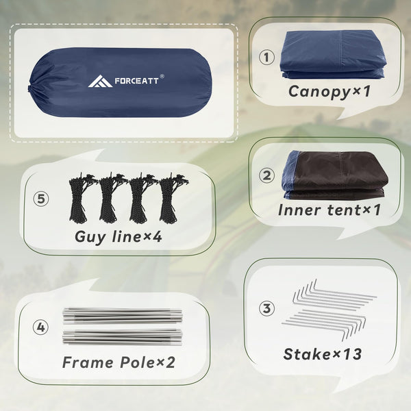 Forceatt Tent, 2-4 Man Tent for Camping, Easy Setup Lightweight Two Doors PU3000mm Waterproof Dome Tent, Windproof Instant Outdoor Tent Suitable for Traveling, Beach, Camping, Hiking, Mountaineering