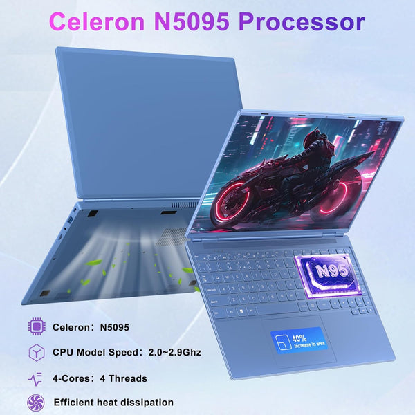 HUQPPQ 16 Inch Blue Laptop Celeron N5095 (Up to 2.9GHz) 12GB RAM 512GB SSD | 1TB Expandable | FHD 1920x1200, USB3.0, WiFi5 | WIN 11 Laptops for Students, School & Office - N600