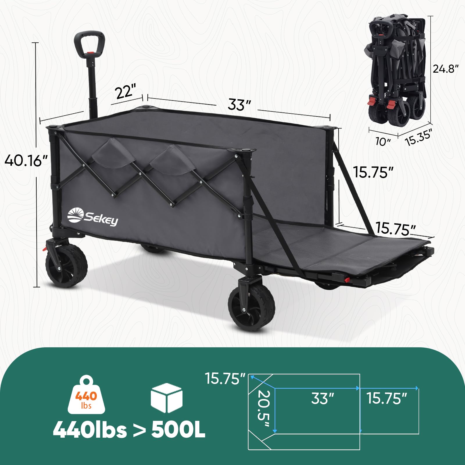 Sekey 332L Folding Festival Trolley with Expandable Tailgate, Patented Design Beach Cart - Diamond Collapsible, Wide All-Terrain Wheels, Brake, 350LB Load Capacity Heavy Duty Wagon for Camping, Black