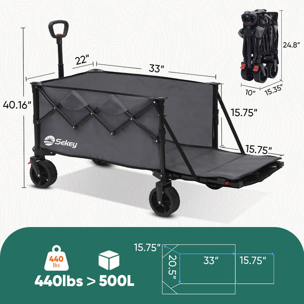 Sekey 332L Folding Festival Trolley with Expandable Tailgate, Patented Design Beach Cart - Diamond Collapsible, Wide All-Terrain Wheels, Brake, 350LB Load Capacity Heavy Duty Wagon for Camping, Black