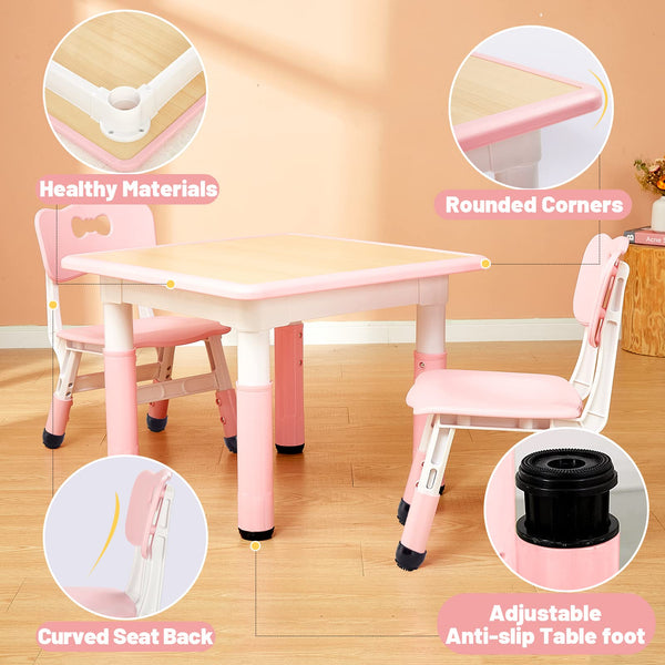 FUNLIO Kids Table and 2 Chairs Set, Height Adjustable Toddler Table and Chair Set for Ages 3-8, Easy to Wipe Arts & Crafts Table, for