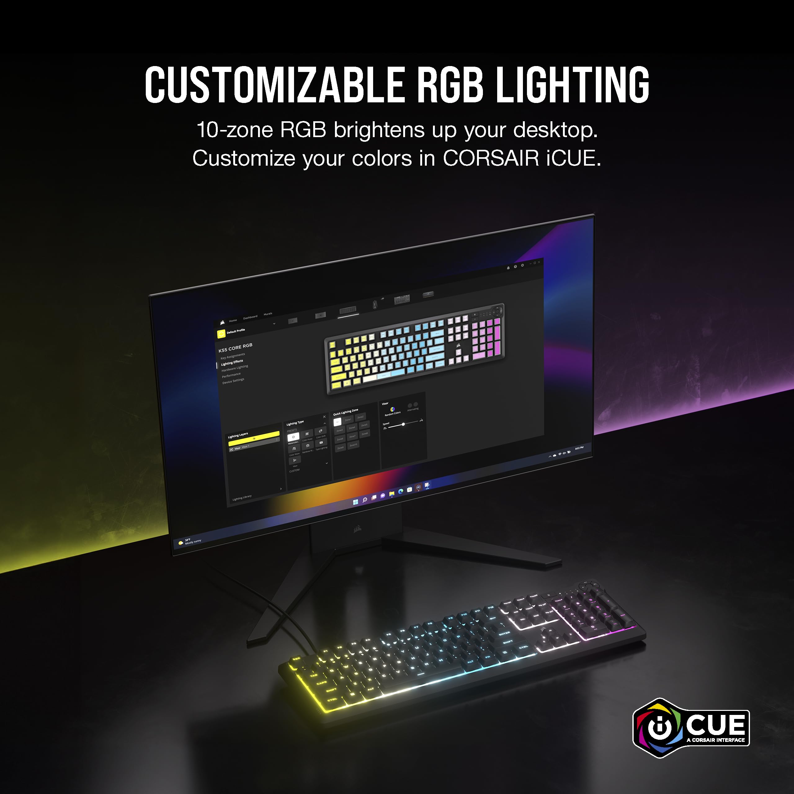 CORSAIR K55 RGB PRO Membrane Wired Gaming Keyboard – IP42 Dust and Spill-Resistant – 6 Macro Keys with Elgato Integration – iCUE Compatible – QWERTY UK – PC, Mac, Xbox – Black